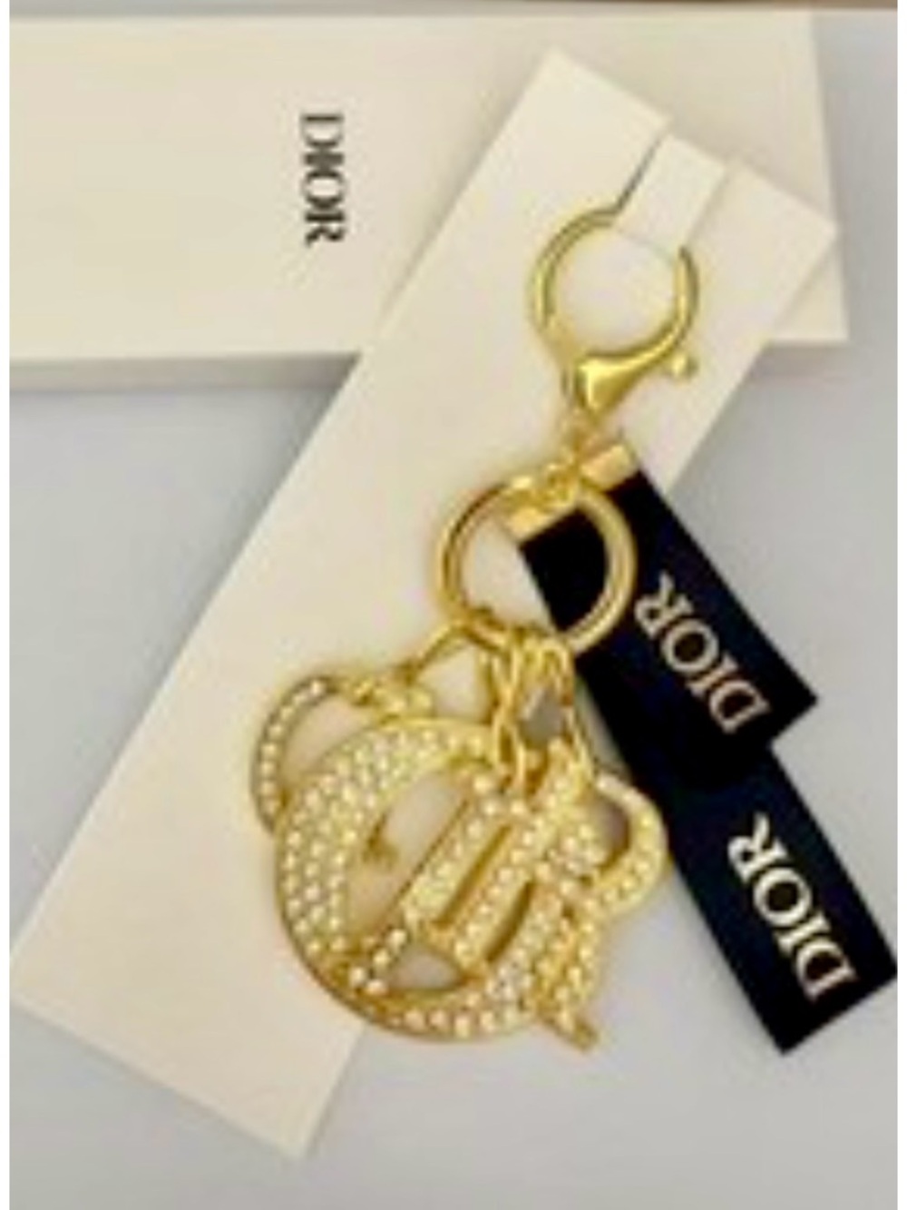 DIOR Gold Rhinestone-Studded Bag  Charm Key Holder with Navy Ribbon GWP NWB - Picture 8 of 11